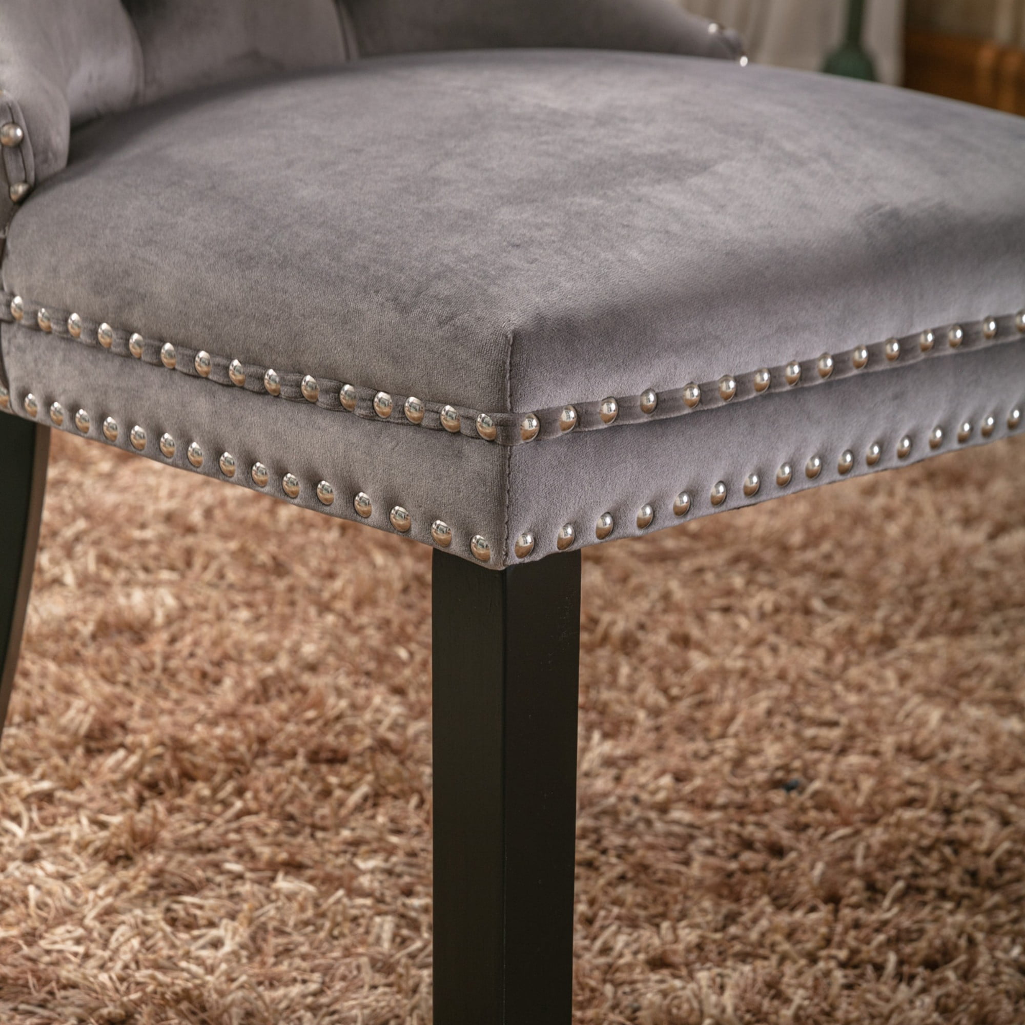 BSHTI 37.5" Velvet Upholstered Contemporary Dining Chairs Set of 2, Tufted Parson Wingback Chair with Nailhead Trim for Kitchen Dining Room(Gray)