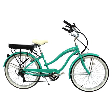 WonderWheels E Bike LUNA 26  Cruiser Shifter: Shimano RS35  Derailleur: TY300B. Freewheel : TZ500. Motor: 350W with/ Speed Sensor Battery 48V. 10.5 AH  - SKY BLUE