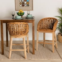 bali & pari Mario Modern BoHo Natural Brown Finished Teak Wood and Rattan 2-Piece Counter Stool Set