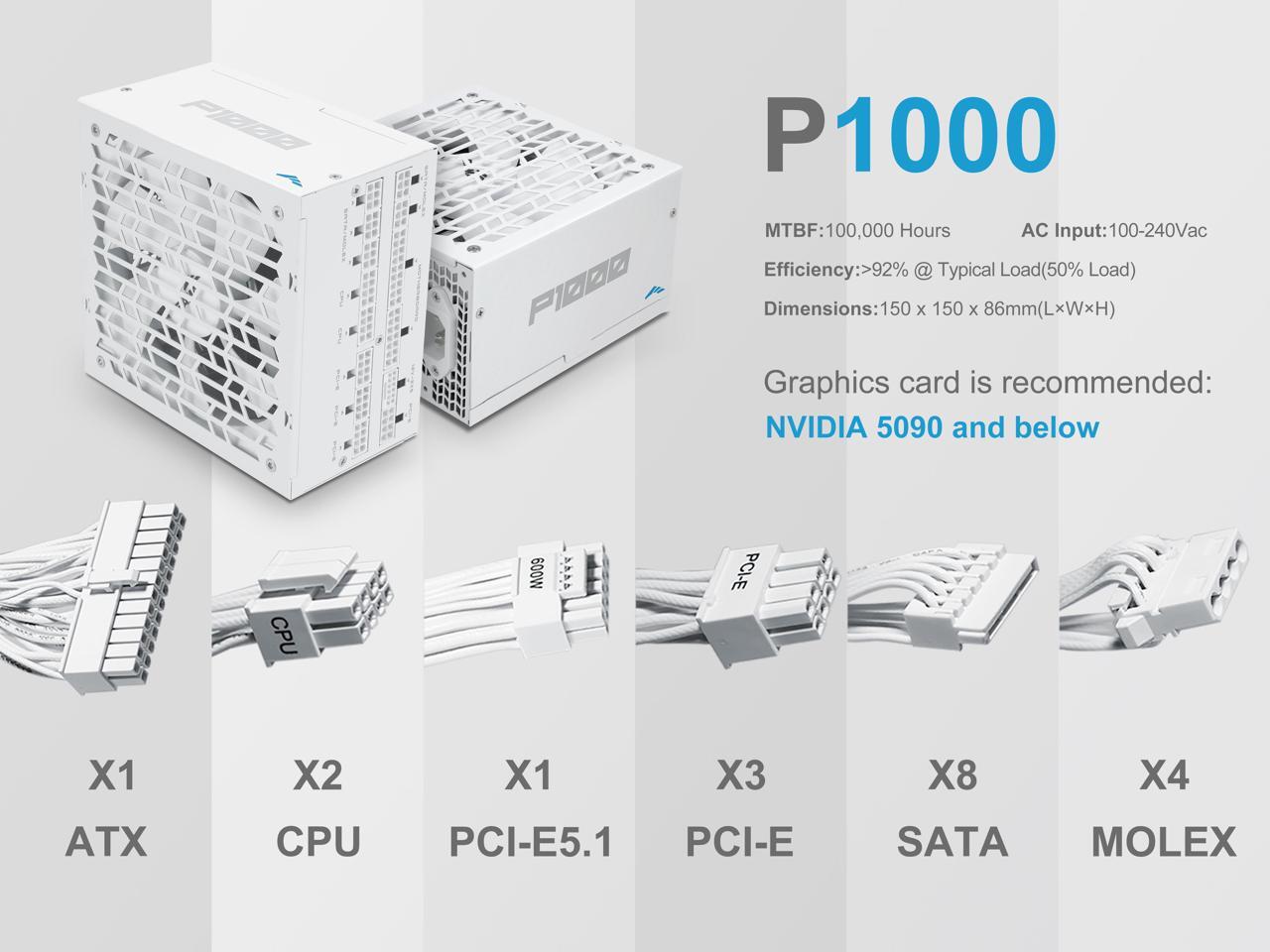 SAMA P1000W ATX 3.1 Power Supply, 1000W, Cybenetics Platinum Standards, PCIE 5.1 Ready, Full Modular, 1000W Gaming PSU, Premium Japanese Capacitor, FDB Fan, White version