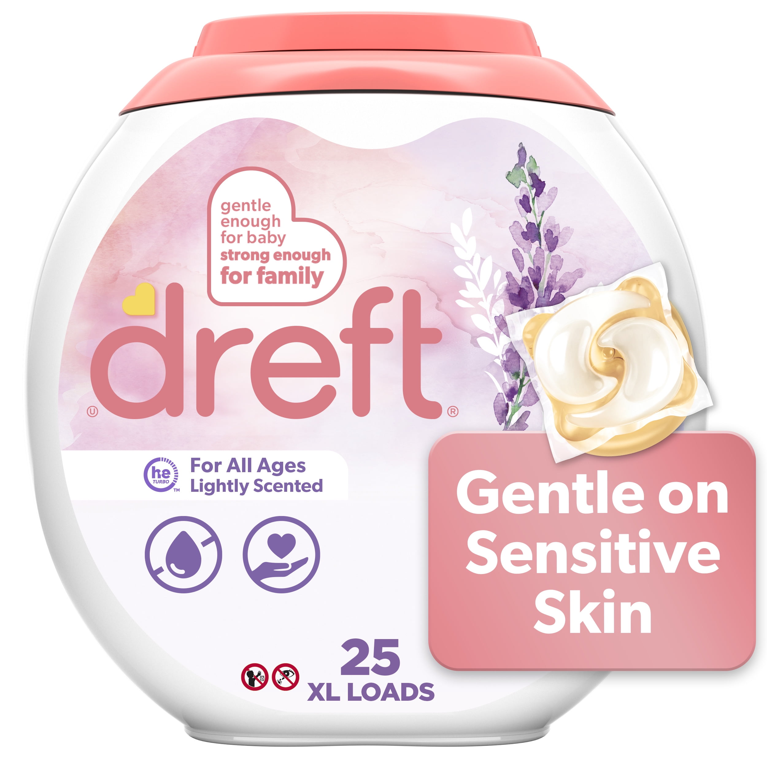 (4 pack) Dreft Baby Laundry Detergent XL Pacs, Sensitive Skin, Hypoallergenic, Lightly Scented Lavender, 25 Count