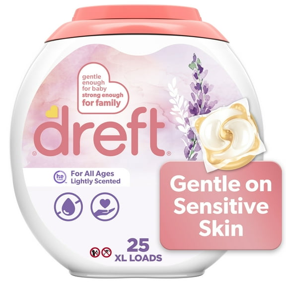 Dreft Baby Laundry Detergent XL Pacs, Sensitive Skin, Hypoallergenic, Lightly Scented Lavender, 25 Count