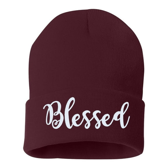 BLESSED Script Cuffed Embroidered Beanie Hat by STICKER DAD (Color: Maroon w/White Thread)