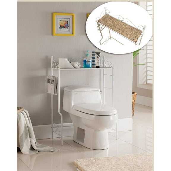 Derby Over The Toilet Bathroom Spacesaver Rack, White Metal & Marble Wood