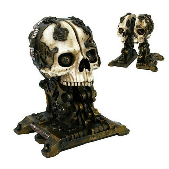 Cyborg Robotic Gearwork Facility Steampunk Skull Bookends Set Figurine Collectible Sculpture