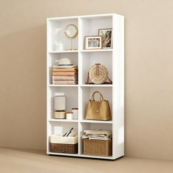 LEDREM 8-Cube Storage Bookshelf, Multifunctional Organizer Shelf for Living Room & Home Office, 51 Inch Display Bookcase, Cloud White