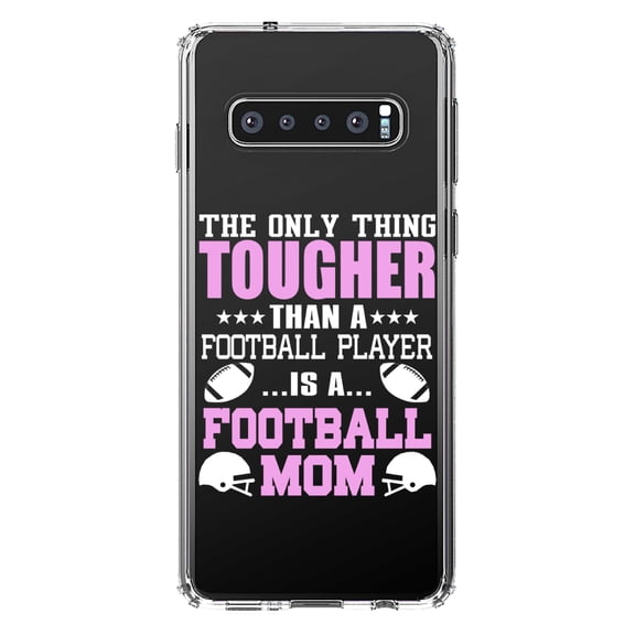 DistinctInk Clear Shockproof Hybrid Case for Samsung Galaxy S10 (6.1" Screen) - TPU Bumper Acrylic Back Tempered Glass Screen Protector - Football Mom Only Thing Tougher than Player