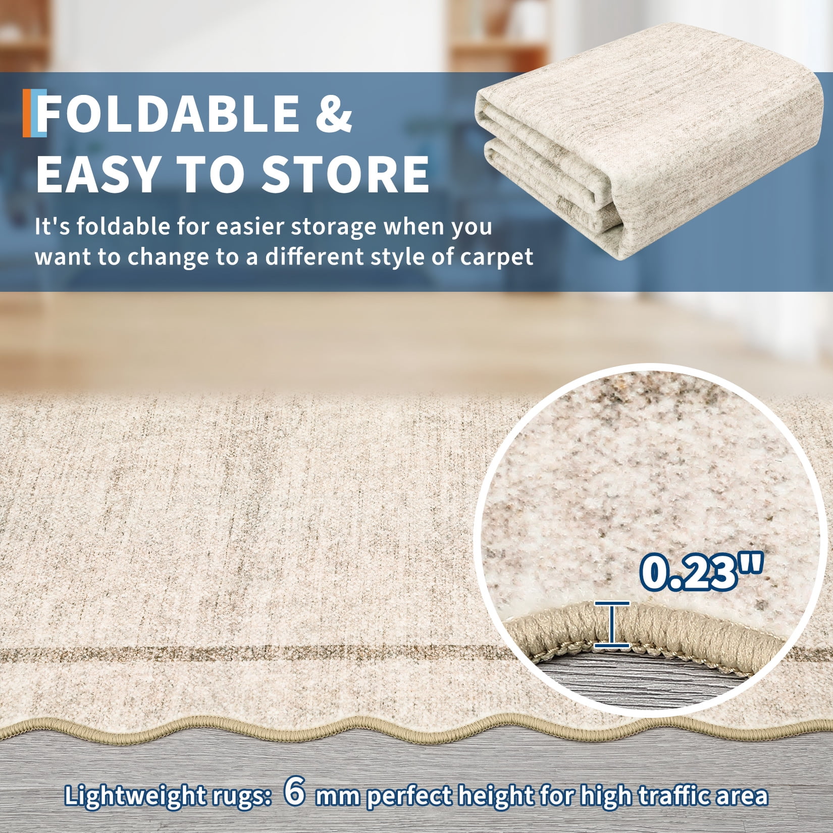 COZONY 10'x13' Extra Large Washable Scalloped Rug, Non-Slip Low Pile Area Carpet, Stain-Resistant Geometric Floor Mat for Living Room, Beige