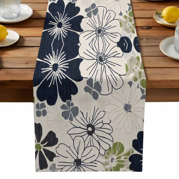 Floral Table Runner, Vintage Flower Texture Beige Green Black Plant Botanical Kitchen Table Runners Dress Scarves for Table Decorations Party/Restaurant/Indoor Outdoor Use, 13x90in