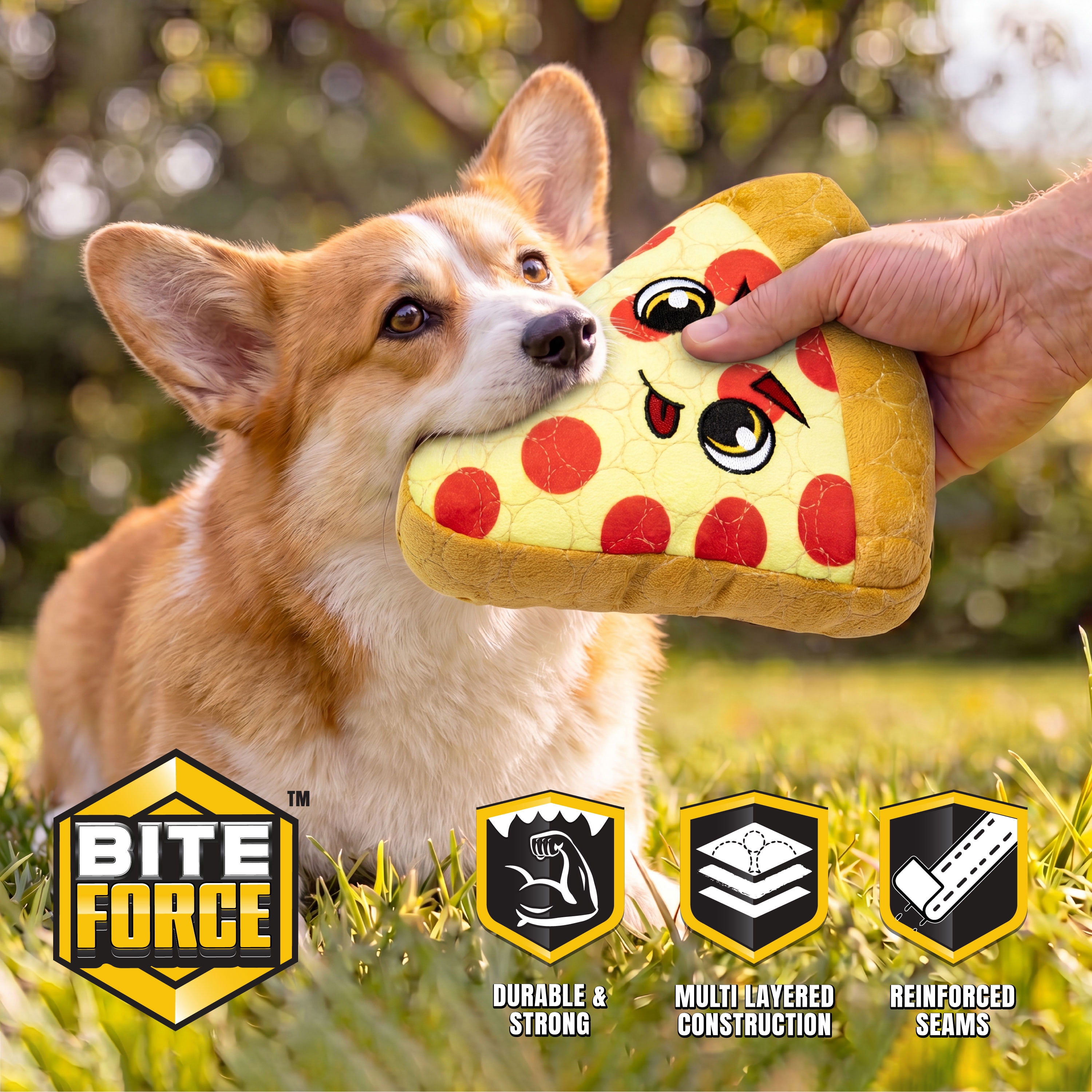 Bite Force Durable Pizza Shaped Plush Dog Toy, Multi Layered and Reinforced Dog Toys for Aggressive Chewers