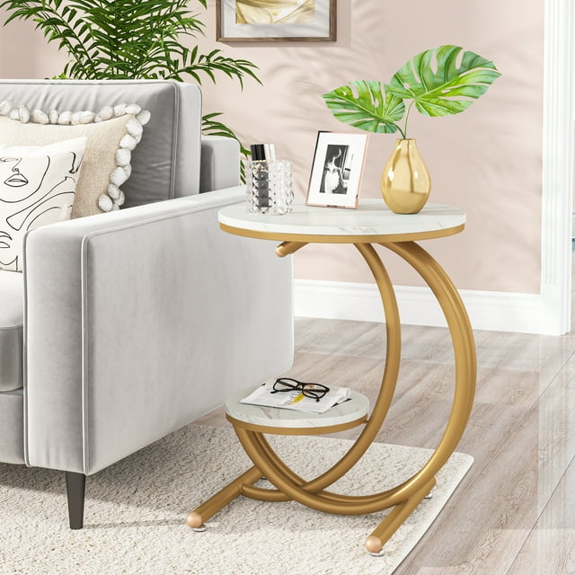 Fnova Industrial C - Shaped Side Table, 19.68" End Table with Storage Shelf, Geometric Shapes, Metal Frame for Study, Kitchen, Dining Room, Living Room, Easy Assembly