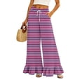 thumbnail image 3 of Striped & Plaid Ruffle Hem Wide Leg Pants - High Waisted Palazzo Trousers with Pockets, Flowy Drawstring Casual Lounge Pants Purple M, 3 of 7