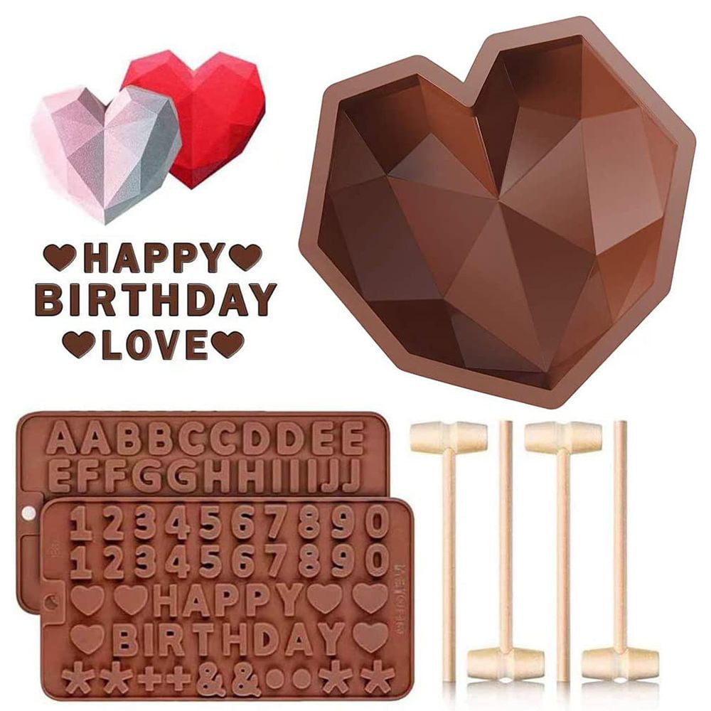 Breakable Heart Mold Heart Silicone Molds Bakeware Sets with 2 Pcs Wood Hammers and 2 Pcs Letter Number Mold Heart Molds for Chocolate Dessert Mould for Valentine Diy Baking Tool Chocolate Making 