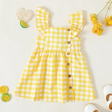 

PatPat Toddler Girl Button Lemon Plaid Flutter-sleeve Dress Sizes 18M-6Y One Piece