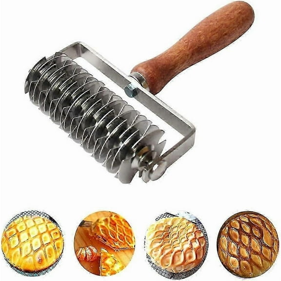 Stainless Steel Pastry Cutter for Lattice Top Pie Crust, Cookie Dough Roller with Wooden Handle