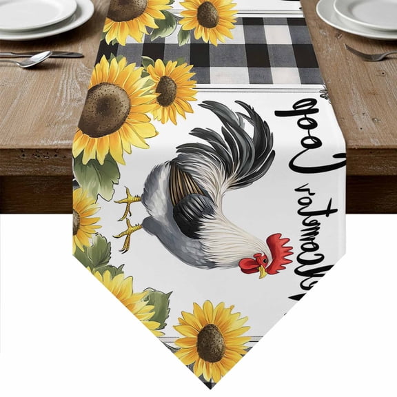 Black White Vintage Rooster Table Runner Linen Burlap Table Runner 108 Inches Long Sunflower Farmhouse Checkered Dresser Scarves for Kitchen Island Coffee Dining Party Wedding Holiday Decor 13"x108"