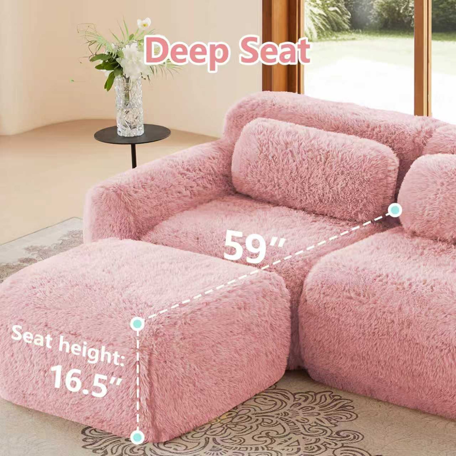 ZenNook 115" Sectional Couches for Living Room, Comfy Boneless Couch, 3 Seater Cloud Sofa, Compressed L Shaped Couch with Ottoman, Modern Modular Sectional, Plush Floor Sofa, No Assembly (Pink)