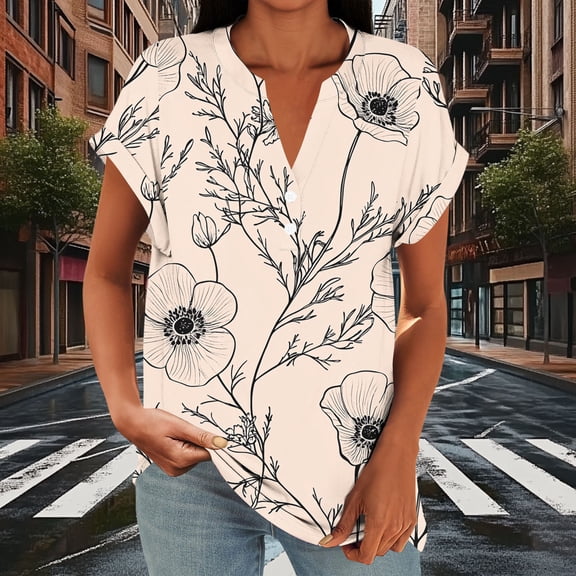 Hxlamzoo Women's Loose Casual V-Neck Button Front Raglan Sleeve Short Sleeve T-Shirt for Everyday Wear