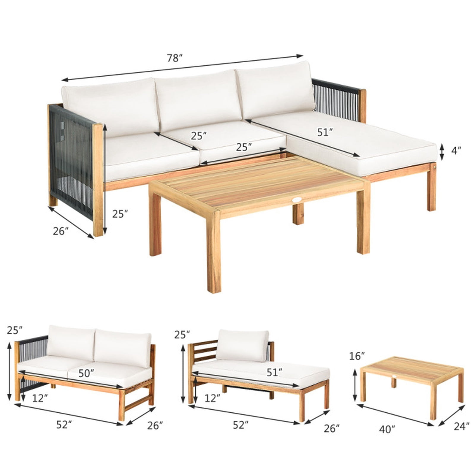 Furnibear 3 Pieces Patio Furniture Set Outdoor Acacia Wood Conversation Sofa Set with Nylon Rope Armrest and Thick Padded Cushions for Backyard Garden Deck, White