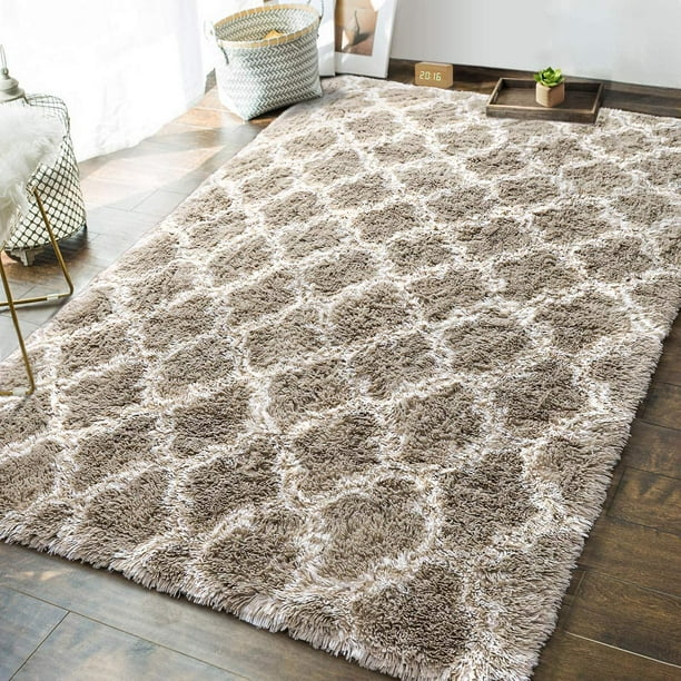 Alfombras geométricas para dormitorio, 5 x 8 pies, alfombra de área peluda moderna para interiores, para sala de estar, niñas, niños, habitación de niños camello y camello blanco Adepaton CZJJ-XM4-1