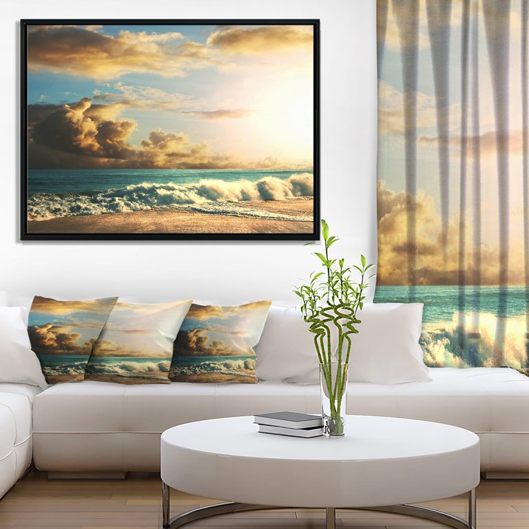 Design Art Green Sea Beach Under Cloudy Sky - Modern Beach Glossy Metal Wall Art, 20W x 12H