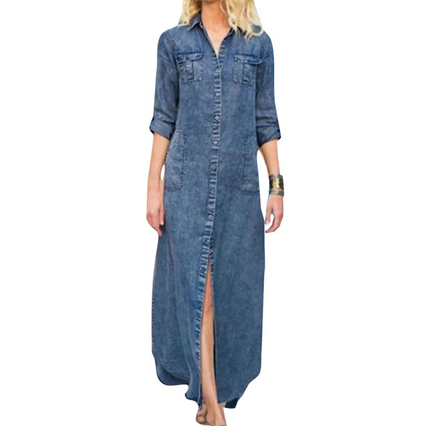 Jusddie Ladies Long Denim Dress Button Down Casual Maxi Jean Dresses