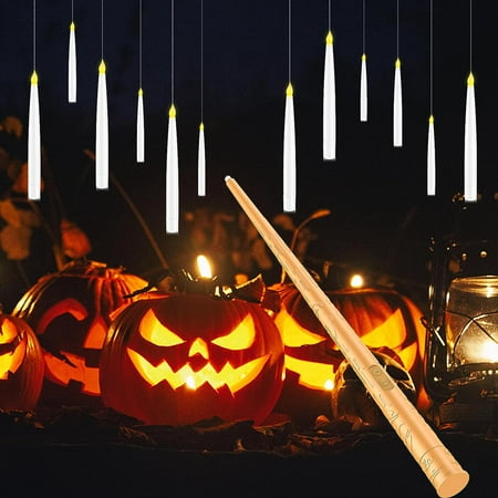 Flameless Candles with Magic Wand Remote for Halloween Decor, 6.6" Floating Candles Battery Operated Hanging Window Candles, Warm Light Flickering LED Candles for Home Christmas Decorations (12 pack)