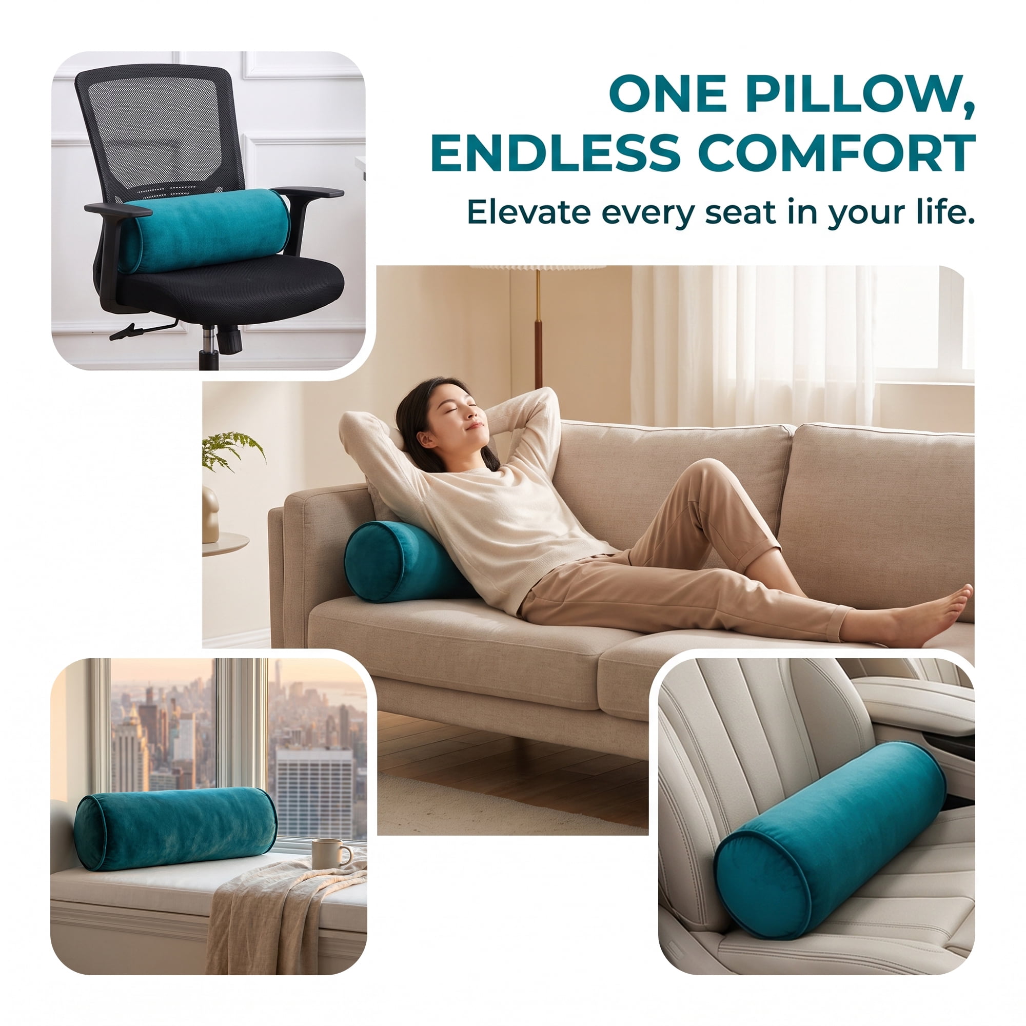 Unique Bargains Lumbar Support Wool Pillow for Back Support Peacock Blue 19.7"x6.7"