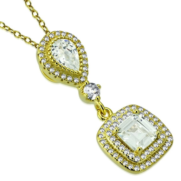 925 Sterling Silver Square Teardrop Clear White CZ Elegant Pendant Necklace, 18"