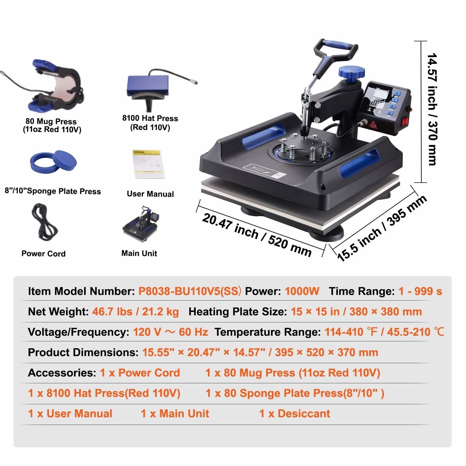 Heat Press 15x15 5 in 1, Swing Away Digital Heat Press Machine for T-Shirts, Hats, Mugs, Plates - Fast Heating, Anti-Scald, Sublimation Combo