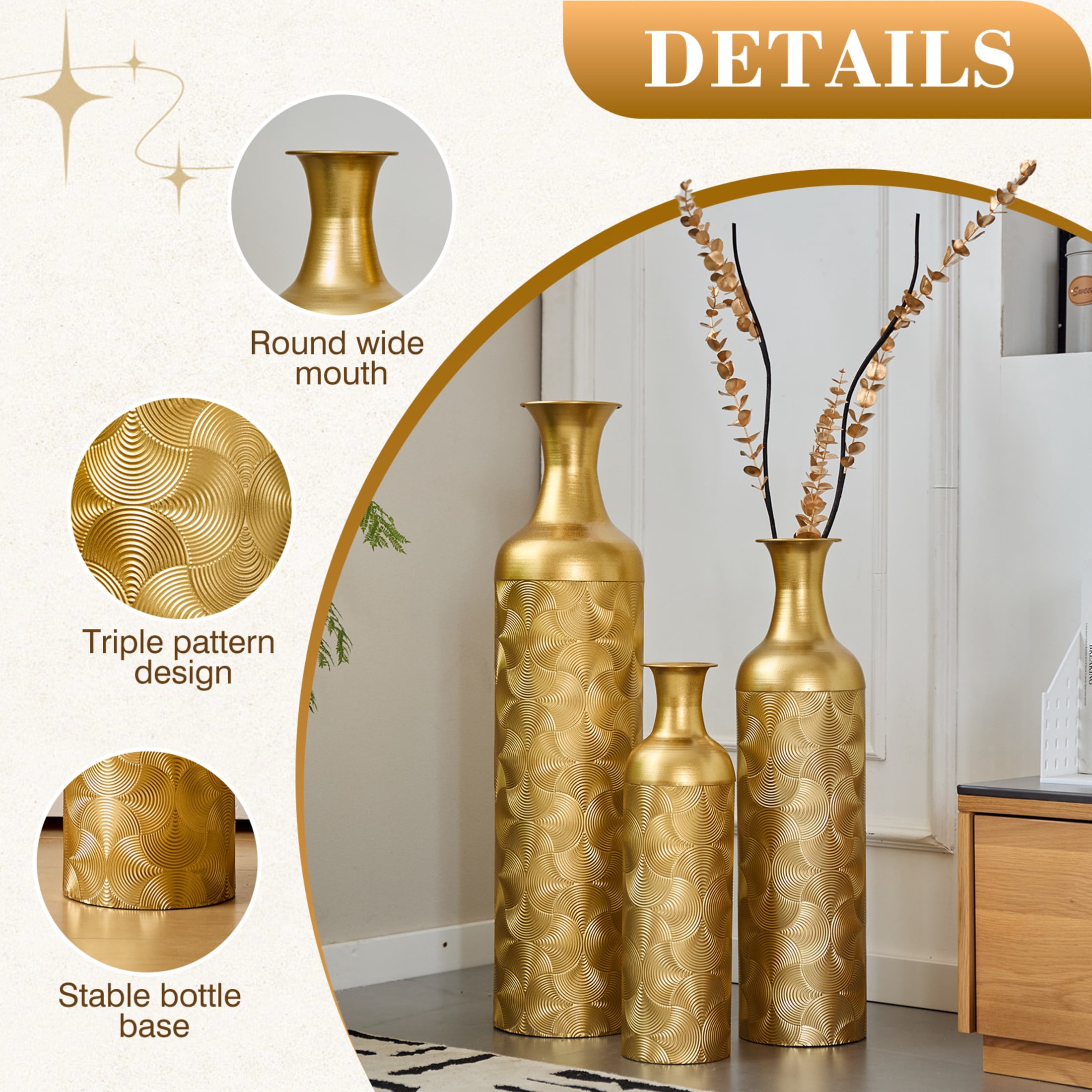 Noble House 3-Piece Metal Floor Vase Set, 32.68", 25.98", 19.69" Decorative Vases with Wave Pattern, Gold