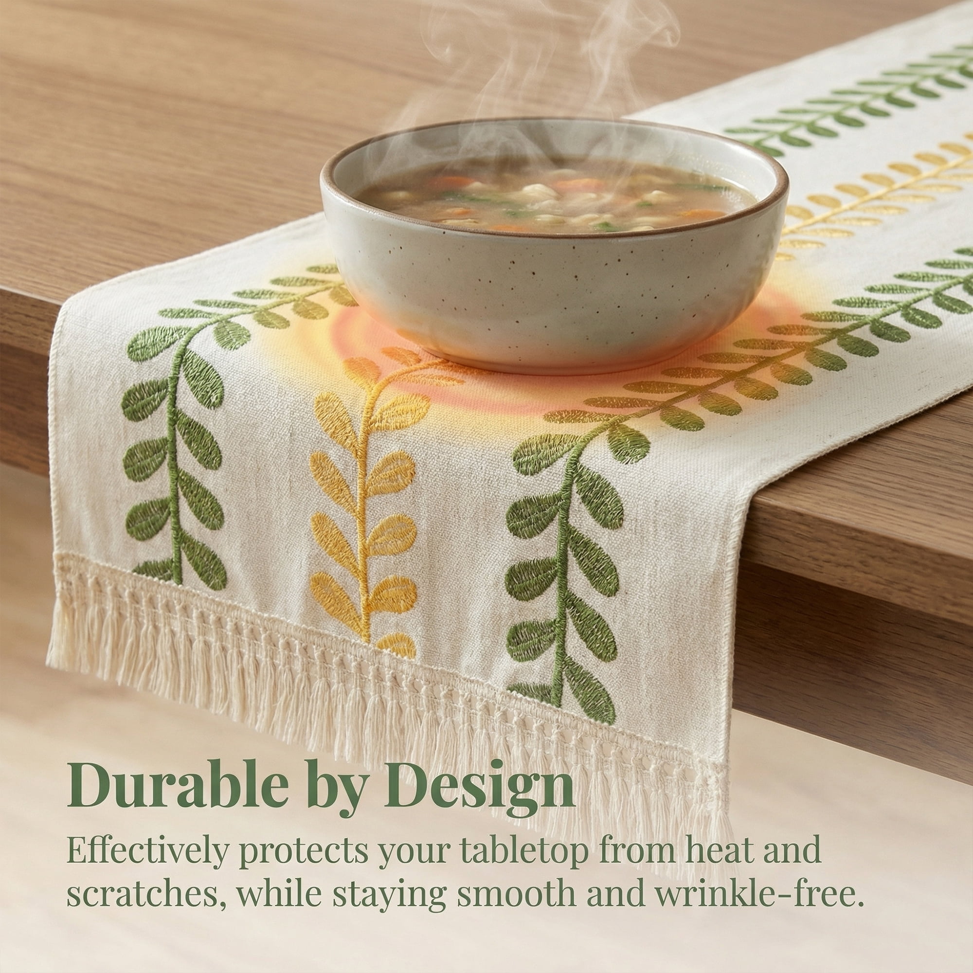 Unique Bargains Polyester Floral with Tassel Table Runner for Kitchen Green 15.4"x63"