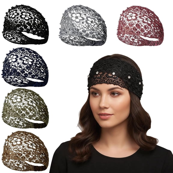 6-Pack Wide Boho Lace Headbands for Women, Crystal & Pearl Embellished Hair Accessories, Elastic Floral Headbands for Daily Wear, Weddings, and Holidays