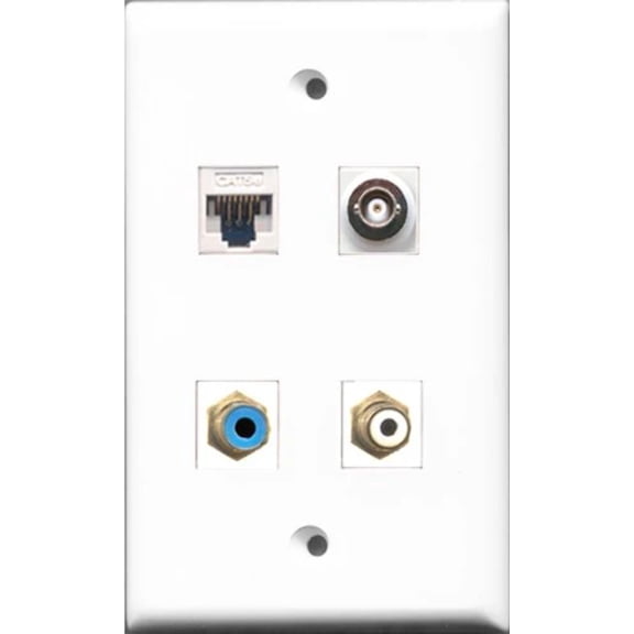 RiteAV - 1 Port RCA White and 1 Port RCA Blue and 1 Port BNC and 1 Port Cat5e Ethernet White Wall Plate