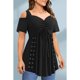 thumbnail image 4 of Camiseta de talla grande con hombros descubiertos para mujer, Top informal negro con hombros descubiertos, plisado, arandela de ojales de Metal, manga corta, línea A, Verano, 4 of 5