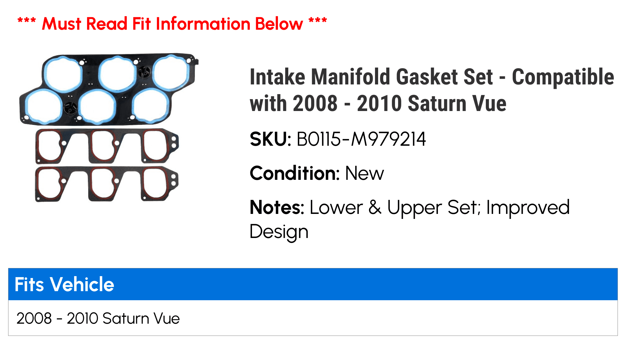 Intake Manifold Gasket Set - Compatible with 2008 - 2010 Saturn Vue 2009