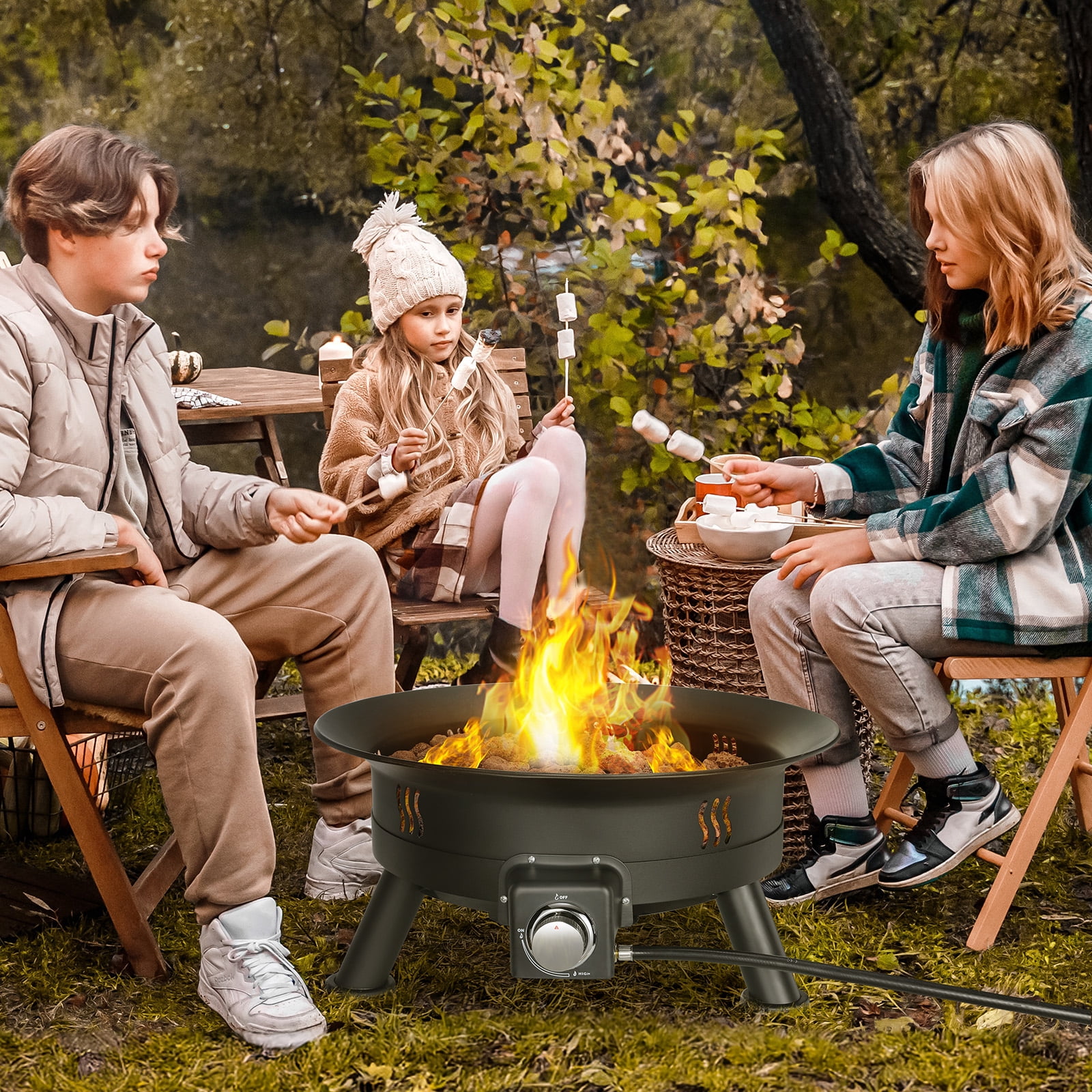 LAZY BUDDY 24" Portable Fire Pits for Outside 58000 BTU Propane Gas Fire Pit with Cover & Lava Rocks