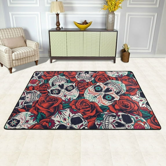 XMXY Area Rugs Doormat Outdoor Entrance, Vintage Red Rose Skull Facecloth Non-slip Floor Mat Rug for Living Room Kitchen Sink Area Indoor,72"x48"