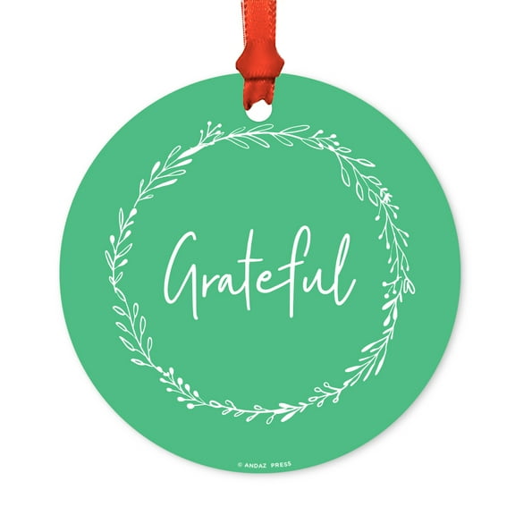 Elegant Scripted Calligraphy Round Metal Christmas Ornament, Grateful, Includes Ribbon and Gift Bag