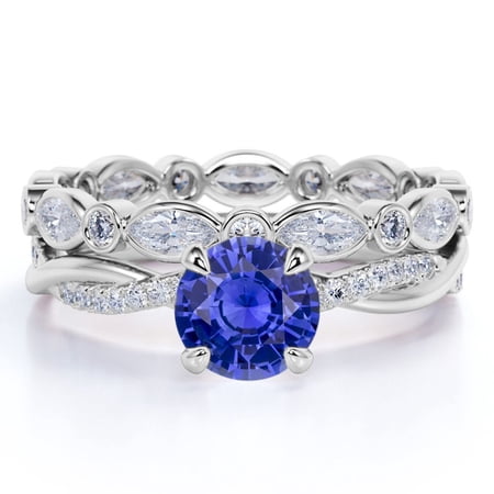 JeenMata Antique 1.75 Carat Round Dark Lab Created Blue Sapphire Bridal Wedding Ring Set in 18k White Gold Over Silver