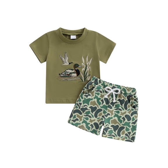 BemeyourBBs Toddler Baby Boy Summer Clothes Cute Infant Baby Boys Duck Outfits Duck Embroidery Short Sleeve T-Shirt Top with Pockets Elastic Waist Camouflage Shorts Set