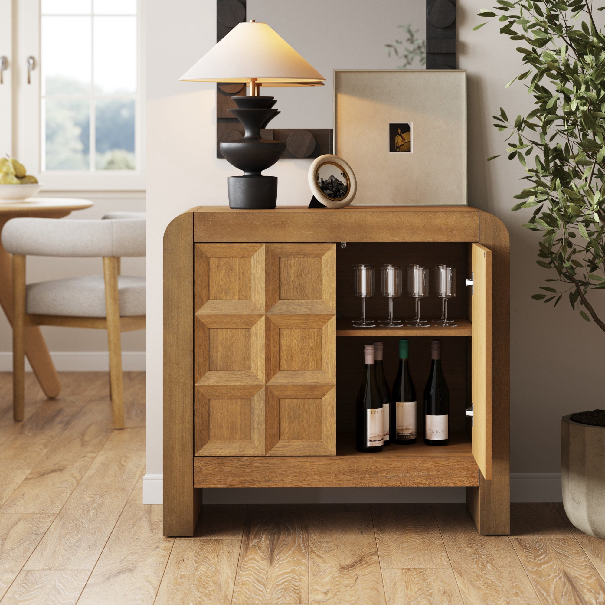 Nathan James Maya Mid Century Modern Credenza Cabinet, Wooden Storage Cabinet with Textured Geometric Doors, Light Brown