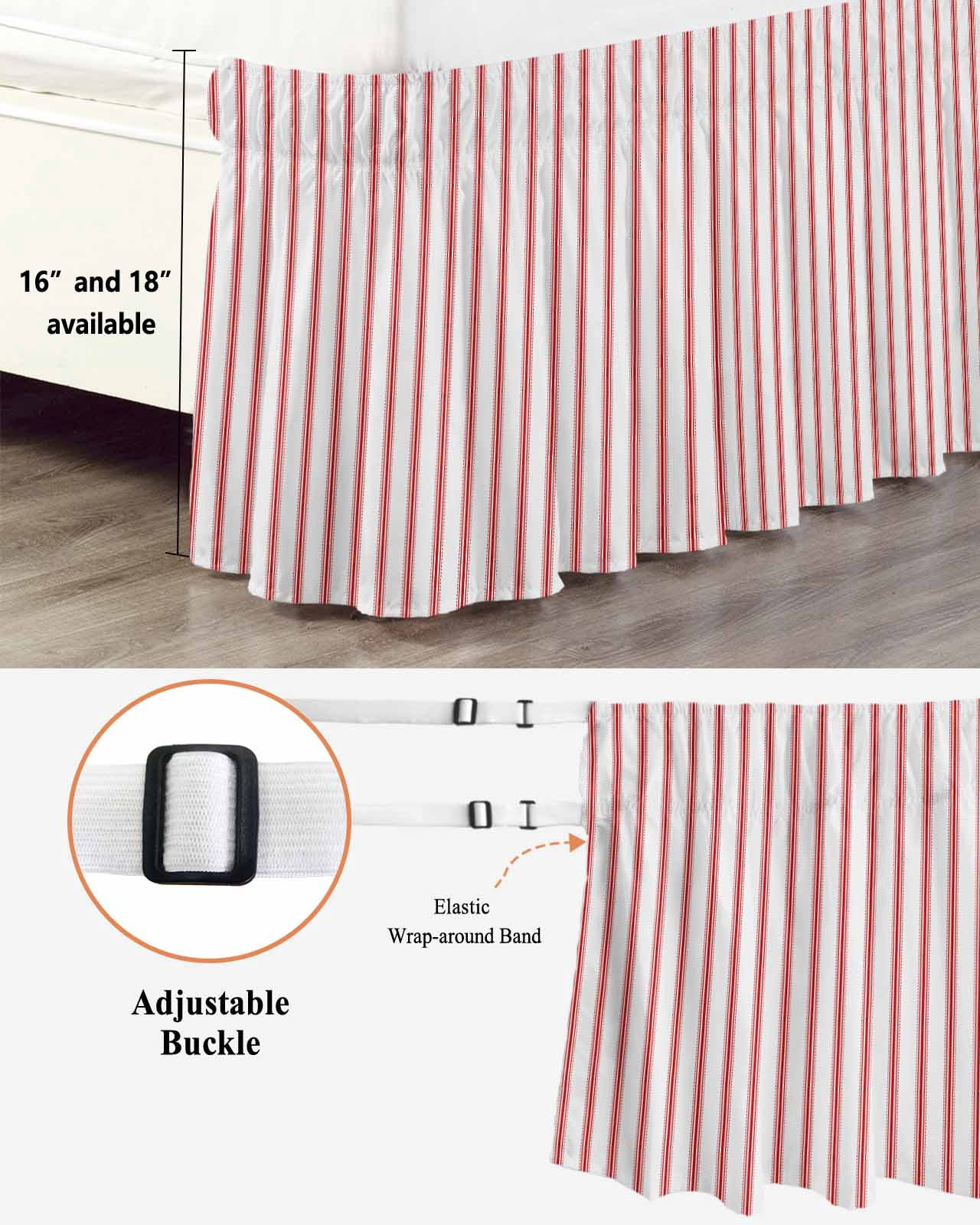 Stripes Bed Skirt Queen Size 16 Inch Drop, Modern Art Red Beige Adjustable Elastic Dust Ruffles Bedskirt for Queen Bed Wrap Around Pleated Mattress Frame Cover