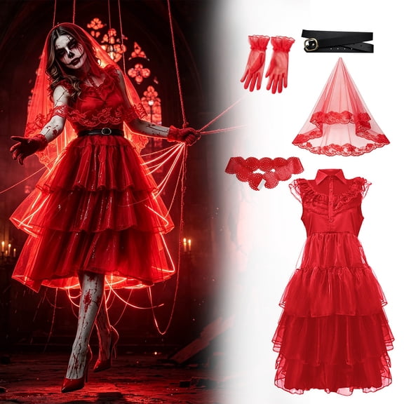 Halloween Costume Bloody Zombie Bride Cosplay Dress for Women, Red Tulle Cake Dress with Veil Gloves and Belts for Themed Party Carnival Halloween Night