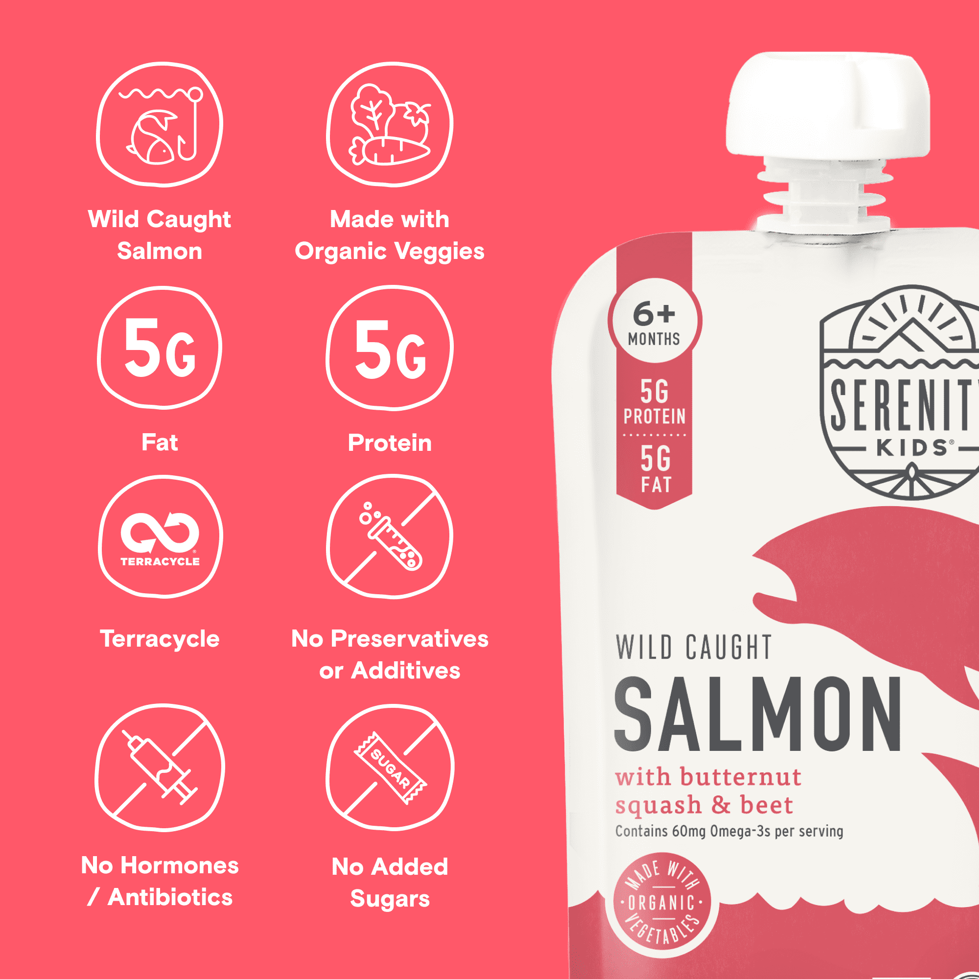 Serenity Kids Wild Caught Salmon Stage 2 Baby Food, Organic Butternut Squash & Beet, 3.5 oz Pouches (6 pack)