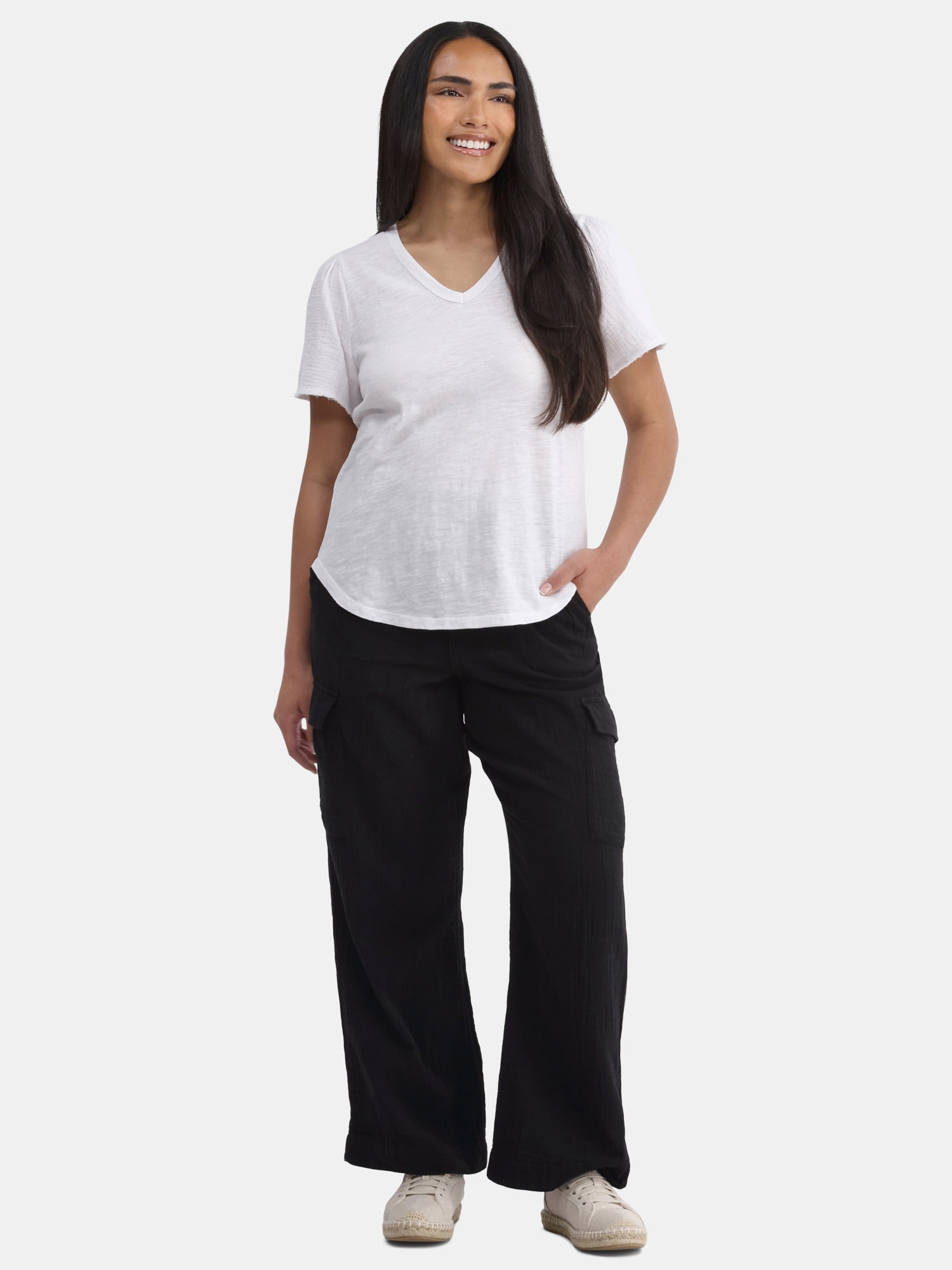 Time and Tru Women's Cotton Mixed Fabric V Neck Tee, Sizes XS-XXXL