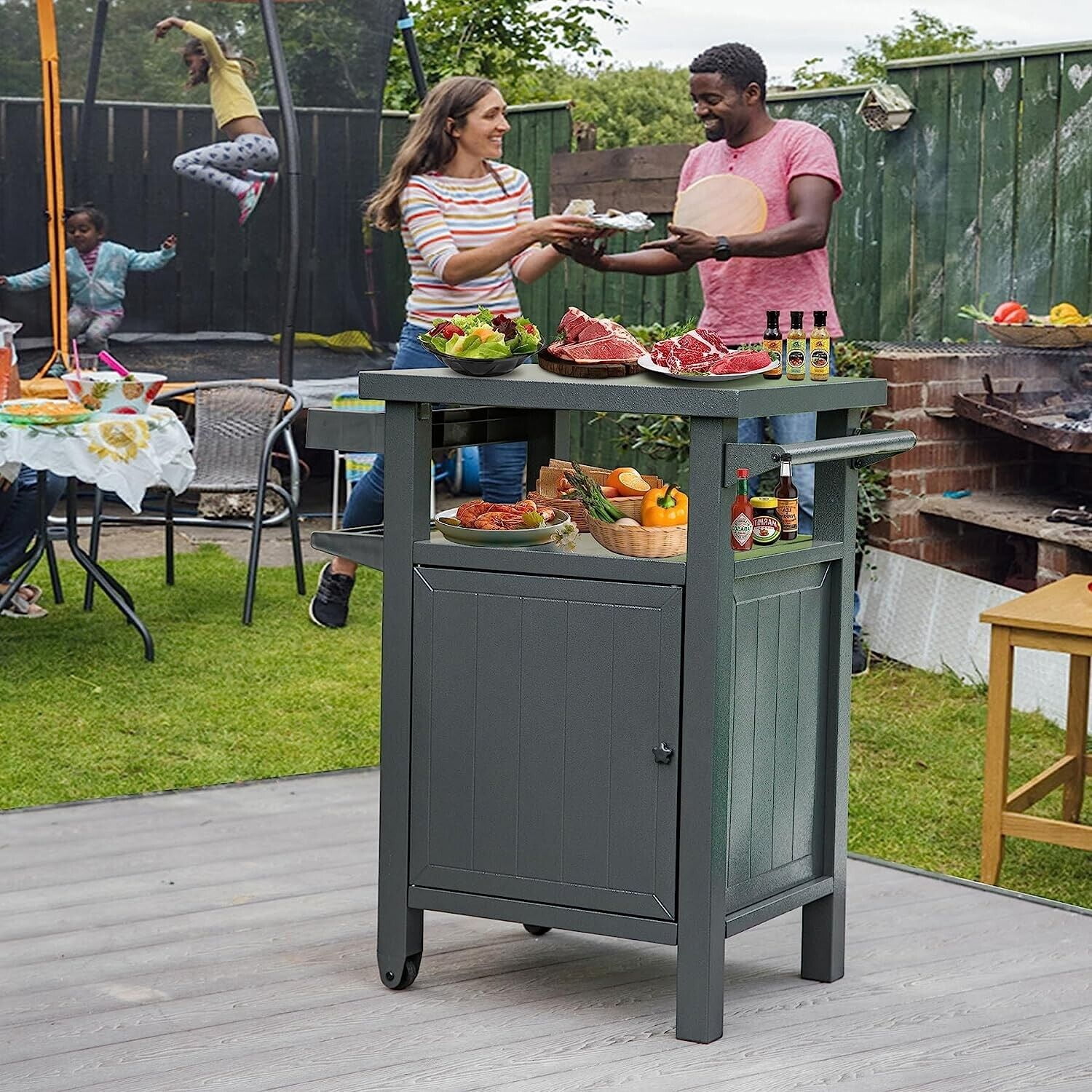 Domi Grill Carts Outdoor with Storage and Wheels, Whole Metal Portable
