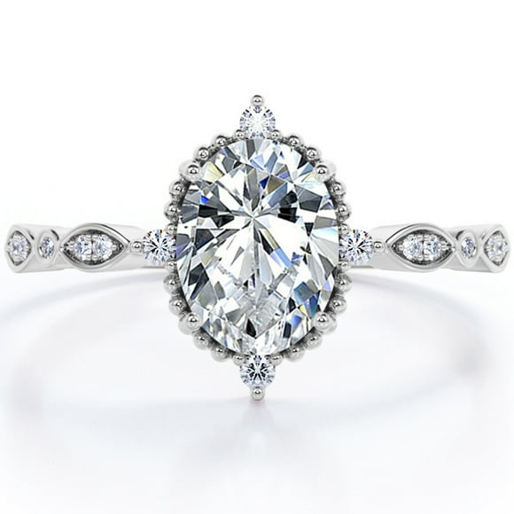 JeenMata Bague de Fiançailles Décorative Vintage à Serti Filigrané, Moissanite Ovale de 1,5 Carat, 5 Pierres, Milgrain, en Placage Or Blanc 18K pour Femmes