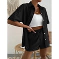 thumbnail image 4 of Virmaxy Womens Stylish Outfit 2 Piece Set Summer Cotton Linen Solid Color Two-Piece Suit (Short Sleeve + Shorts) Fashion Summer Solid V-Neck Button Casual Short Sleeve Top+ Pant Set Black M, 4 of 8