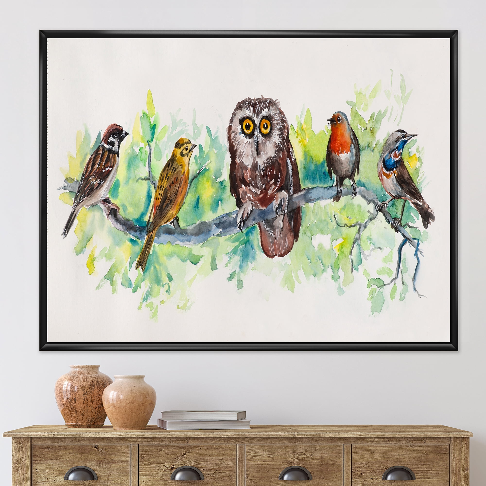 Designart 'Bird Friends With Owl On A Branch' Traditional Framed Canvas Wall Art Print